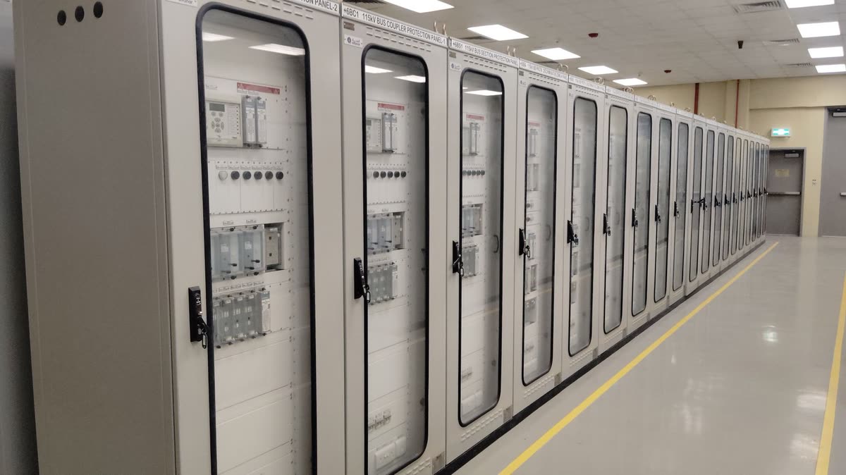 Row of protection and automation control panels in a control room